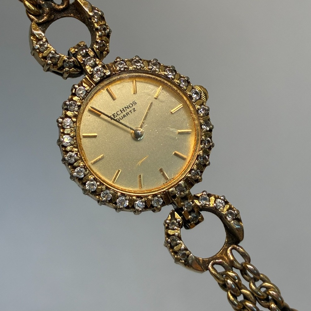 Technos Antique Jeweled Bezel Champagne Gold Tone Quartz Ladies Watch-WORKING!